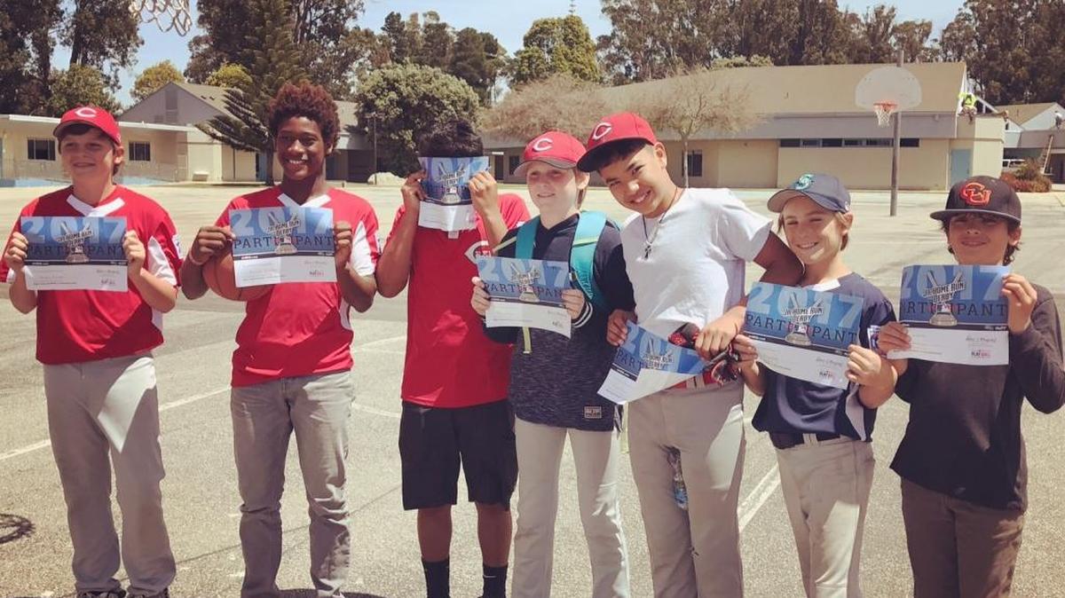 Cambria Reds Little League players who participated in the MLB Juniors Home Run Derby on Saturday, April 22, included, left to right: Aiden Kasper, Ahnase Martin, Emi Pena, Ryan Kasper, Michael Sison, Caiden Kennedy and Robert Saunders. Not pictured is Michael Dubnow.