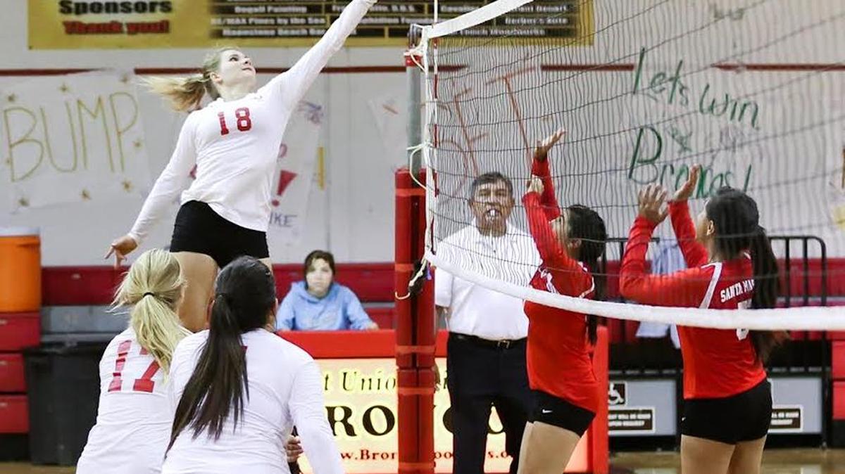 Senior Gigi Stoothoff knocks the ball over the net in Coast Union’s 3-2 loss to Santa Maria in Cambria on Aug. 25.