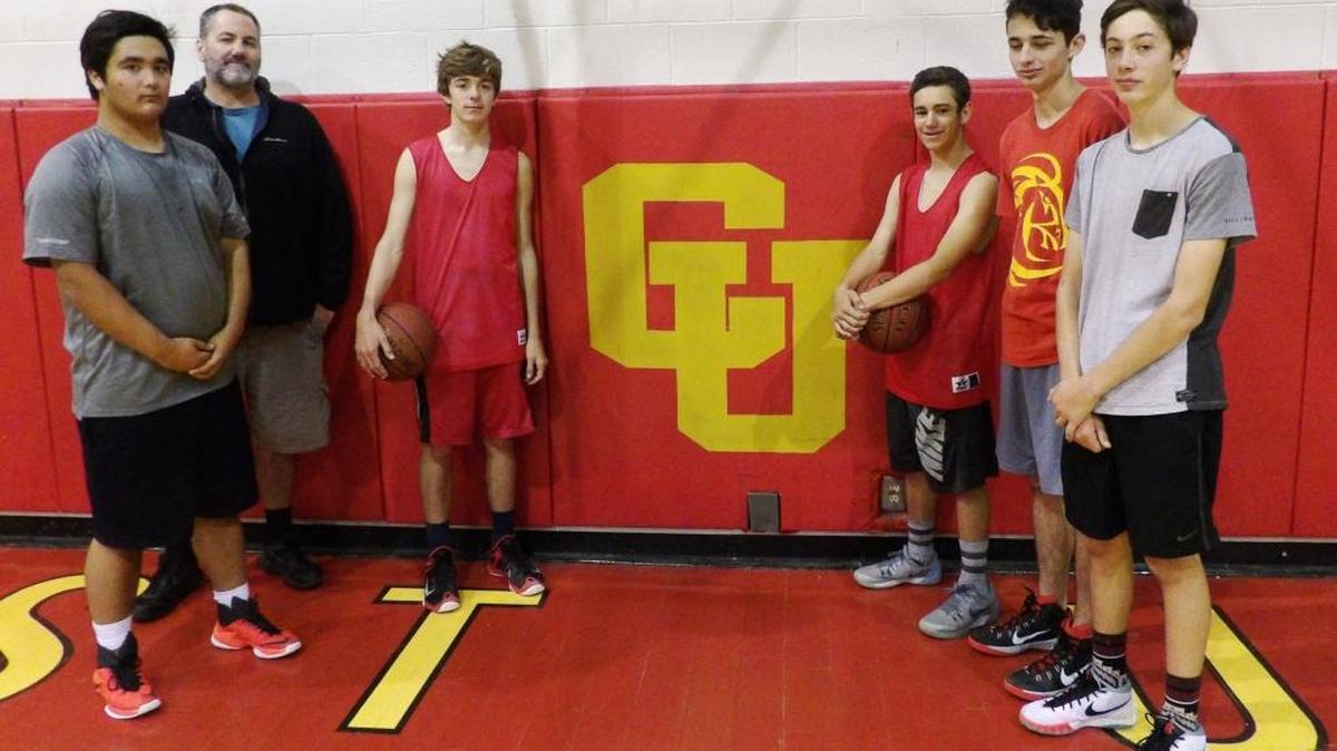 The Coast Union JV basketball team held a player-organized practice Sunday, Nov. 20. From left: Jonah Tamoria, coach Michael McAvoy, Nate Markham, David Amodei, David Nolan and Cameron Castle. Not pictured: Braiden Beauchene and David May.
