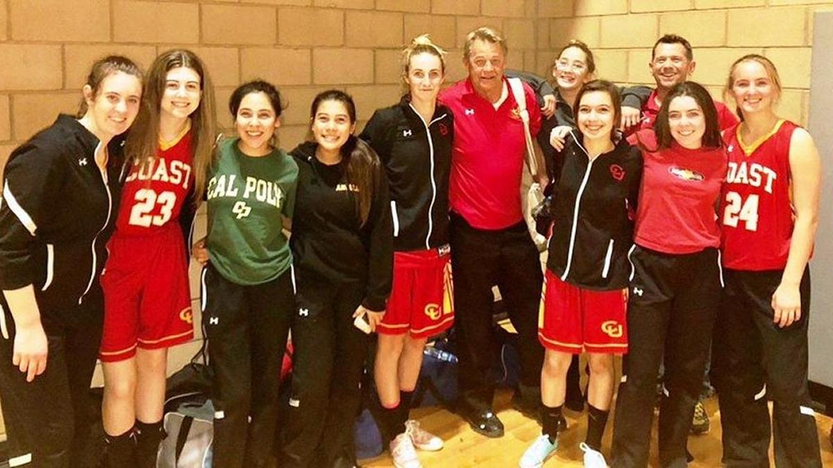 After the Lady Broncos defeated Coastal Christian on Feb. 9, winning the Coast Valley League championship, the team gathered for a photo. From left: Meg Stern, Kaylee Ferguson, Alondra Mercado, Angelique Gutierrez, Karis Lawson, head coach Keith Stowers, Bella Raethke, Jacki Appel, assistant coach Brian Wright, Zoe Markham and Ellie Kennedy.