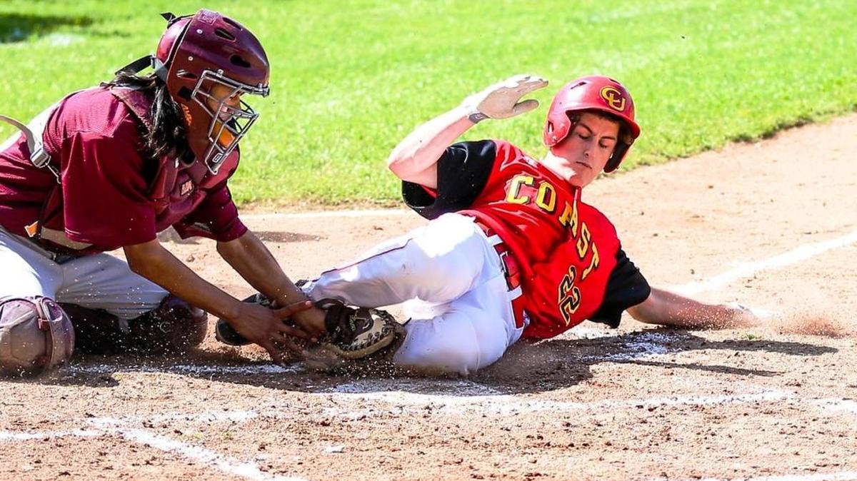 Senior shortstop Auggie Johnson is tagged out trying to score against Kings Christian on Saturday, March 4, at Coast Union.