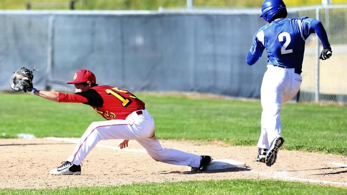 Junior first baseman Will Stephenson, shown here stretching to secure an out in the Broncos’ CIF playoff win against Trinity Classical Academy on May 18, was named to the Coast Valley League second team for 2017.