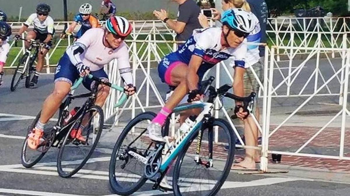 Cambria’s Sheri Baldwin (rider on the left) won a three medals at the USA Cycling Masters in Georgia this month. Here she is on her way to winning the silver medal; the rider in front of her ended up winning the bronze.