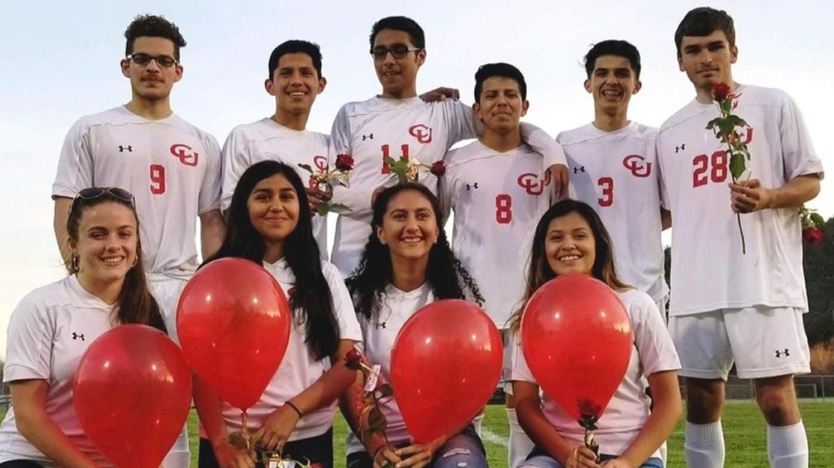 Friday, Feb. 2 was the last home soccer game of the season; the boys lost to Dunn School, 3-0. After the game senior players from both teams were honored. Boys, from left: Leonardo Martinez, Manuel Molina, Ivan Favila, Danny Pena, Fidel Figueroa and Carlos Torres. Girls, from left: Octavia Dolan, Karina Mendoza, Martha Gomez-Mora, and Ashly Colin.