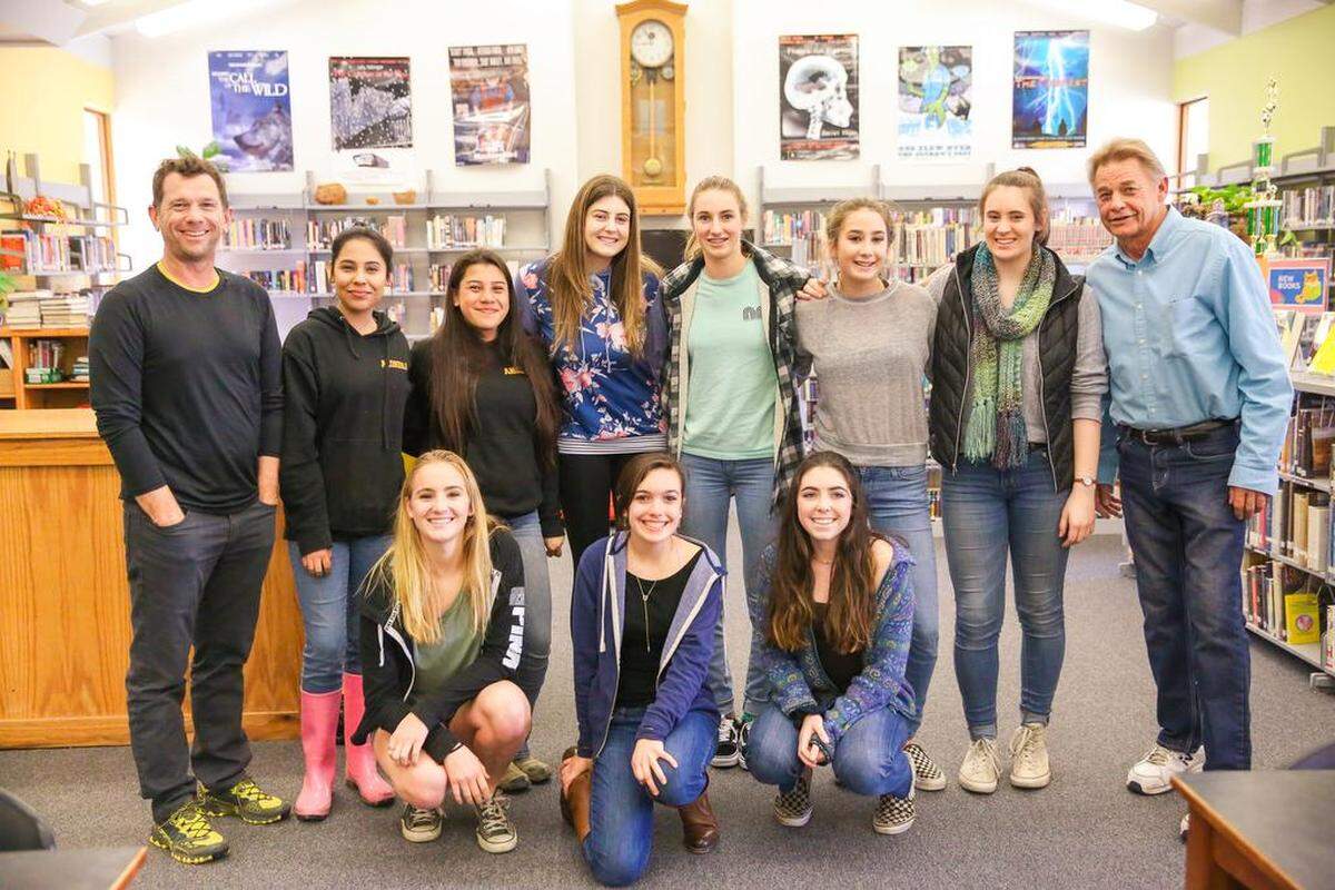 The Coast Valley League-winning Coast Union girls basketball team met at the school library Sunday, March 4 for its 2018 awards banquet. Back row, from left: assistant coach Brian Wright, Alondra Mercado, Angelique Gutierrez, Kaylee Ferguson, Karis Lawson, Bella Raethke, Meg Stern, head coach Keith Stowers. Front row, from left: Ellie Kennedy, Jackie Happel, Zoe Markham.