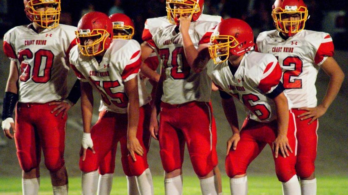 The Bronco front line is credited with stellar blocking and tackling that helped Coast Union achieve a 53-0 win Friday night in Maricopa. From left: Nic Robertson (60), Brian Bautista (55), Spencer Magnuson (70), Gabe Terrasas (56) and Damian Fernandez (42).