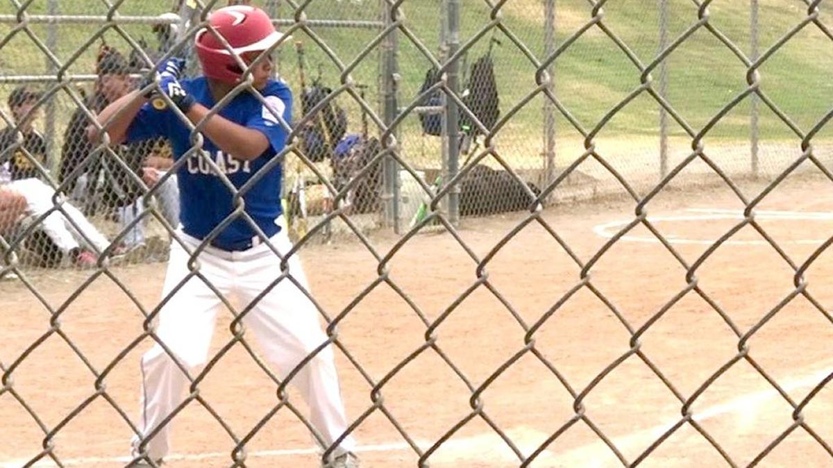 Emi Pena is seen here at bat Saturday, June 24, in Los Osos against the Foothill Intermediate All-Stars from Ventura. Along with his Cambria Reds teammates Michael Sison and Anhase Martin, Pena is playing with the Coast Intermediate All-Stars in a summer Little League tournament.