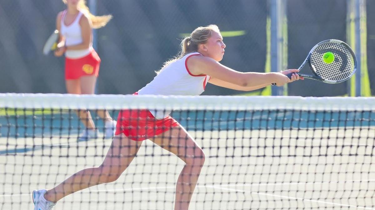 The doubles team of Ani Corbet and Alyssa Drew won Coast Union’s only set (6-2) on Thursday, Sept. 1, at Mission Prep. Here Corbett, left, and Drew compete against Morro Bay on Aug. 29.