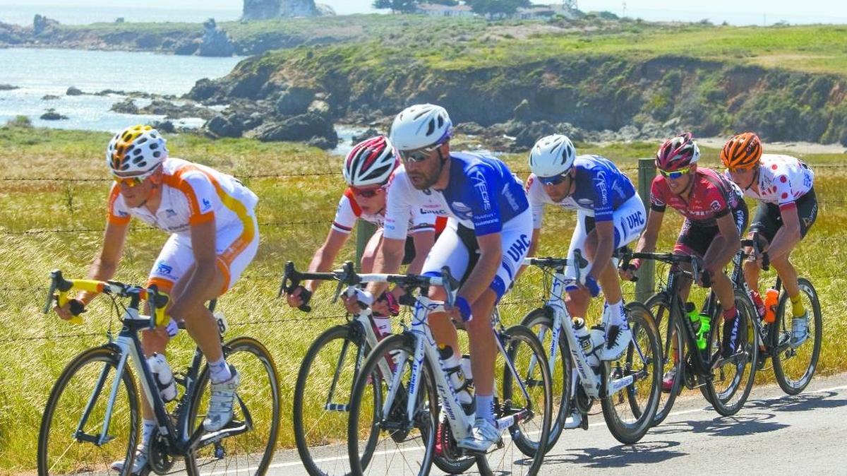 The Amgen Tour of California travels south near Piedras Blancas Lighthouse on Highway 1 in May 2014.