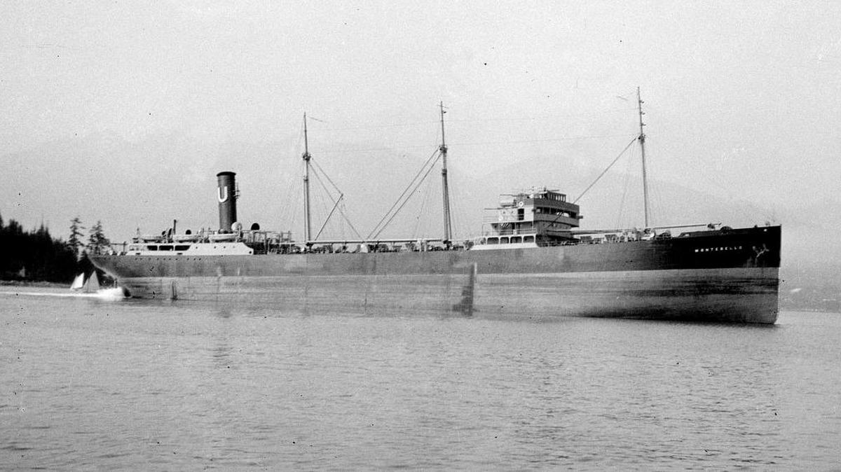 The S.S. Montebello, seen in this photo in the public domain from the Vancouver city archives, was sunk off the coast of Cambria in 1941.