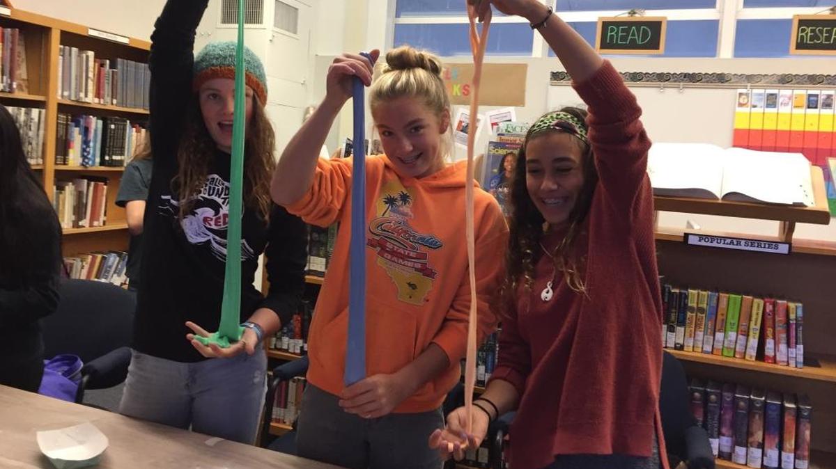Lily Smith, Reese Tartaglia and Faith Delacruz of Santa Lucia Middle School take part in the STEAM challenges (science, technology, engineering, art, and math).