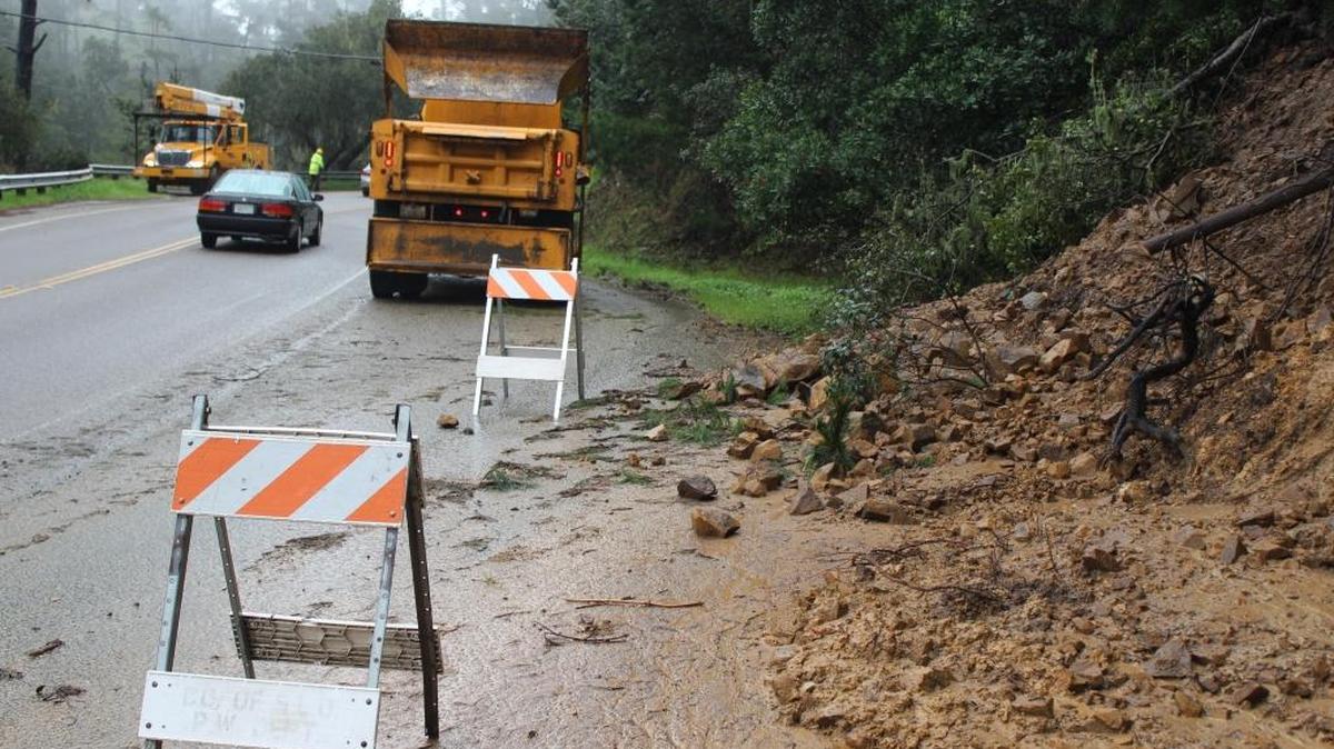 Traffic controls limited Burton Drive to one-way alternating traffic near a rockslide close to Cambria Hardware early Tuesday afternoon.