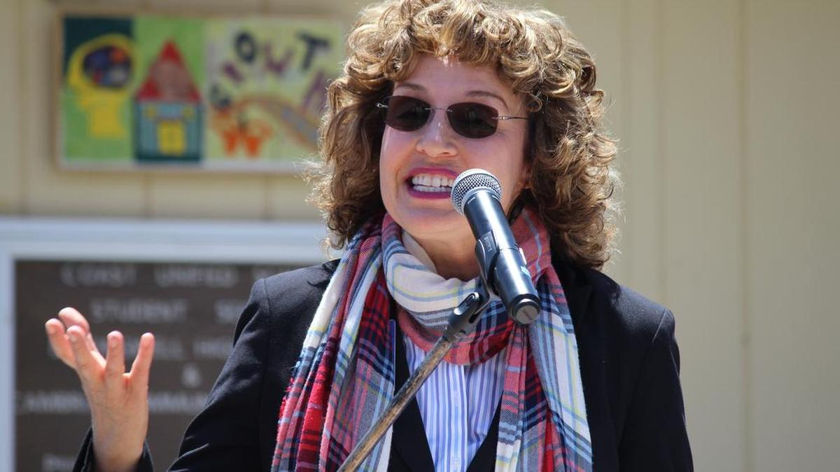 Vicki Schumacher, superintendent of Coast Unified School District, announces the “Cambria Promise” program Wednesday afternoon at Leffingwell High School.