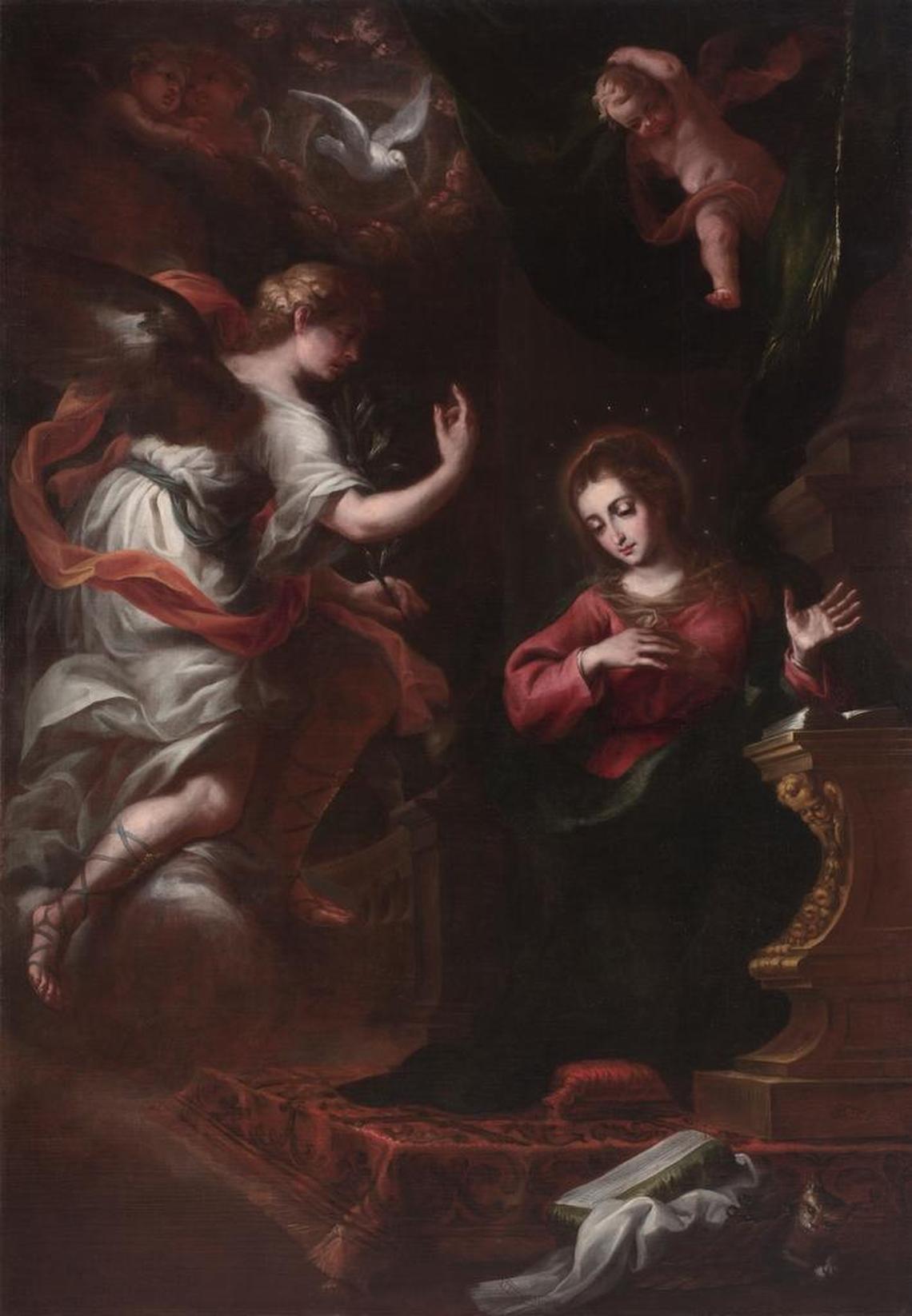 “Annunciation” by Bartolomé Pérez de la Dehesa hangs on the east wall in the Assembly Room in Hearst Castle’s La Casa Grande. The painting’s creator was unknown until two guides noticed an inscription illuminated by late-afternoon light last fall.