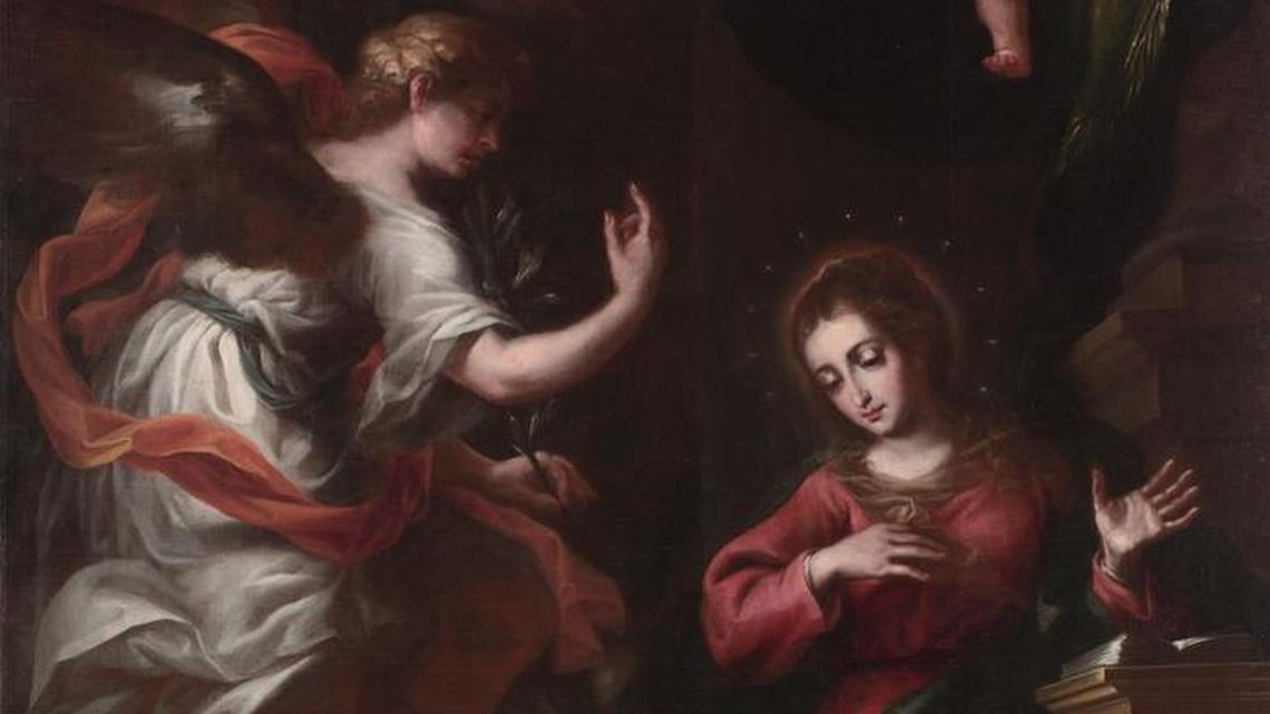 “Annunciation” by Bartolomé Pérez de la Dehesa hangs on the east wall in the Assembly Room in Hearst Castle’s La Casa Grande. The painting’s creator was unknown until two guides noticed an inscription illuminated by late-afternoon light last fall.