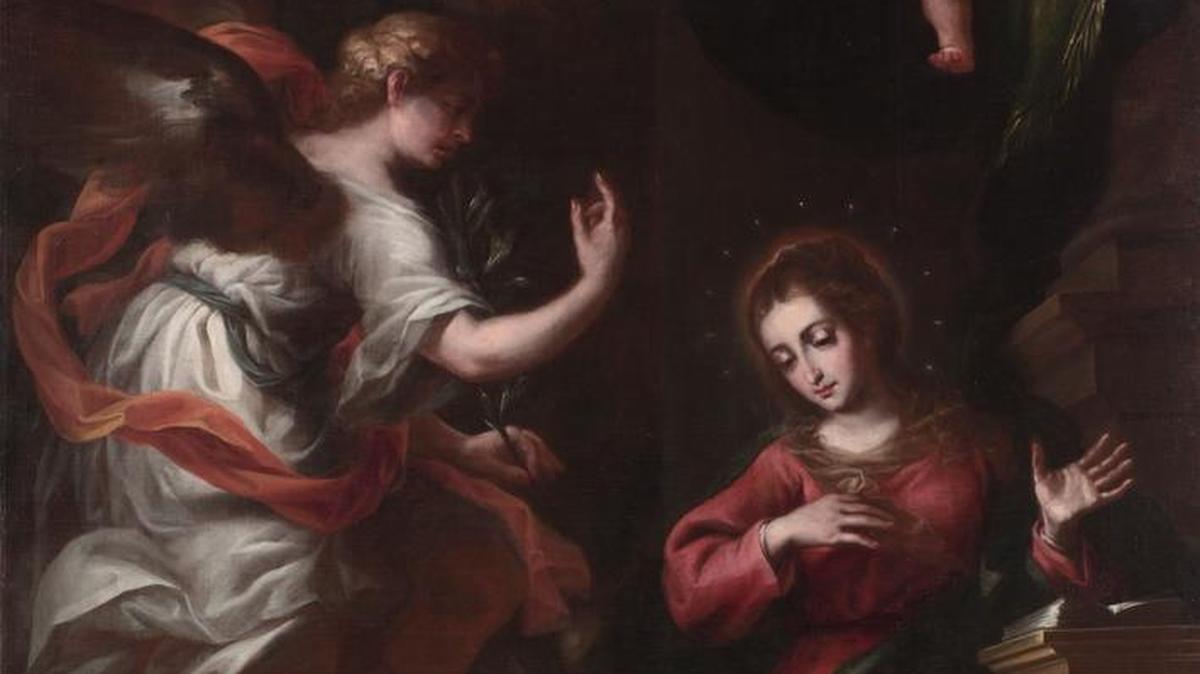 “Annunciation” by Bartolomé Pérez de la Dehesa hangs on the east wall in the Assembly Room in Hearst Castle’s La Casa Grande. The painting’s creator was unknown until two guides noticed an inscription illuminated by late-afternoon light last fall.