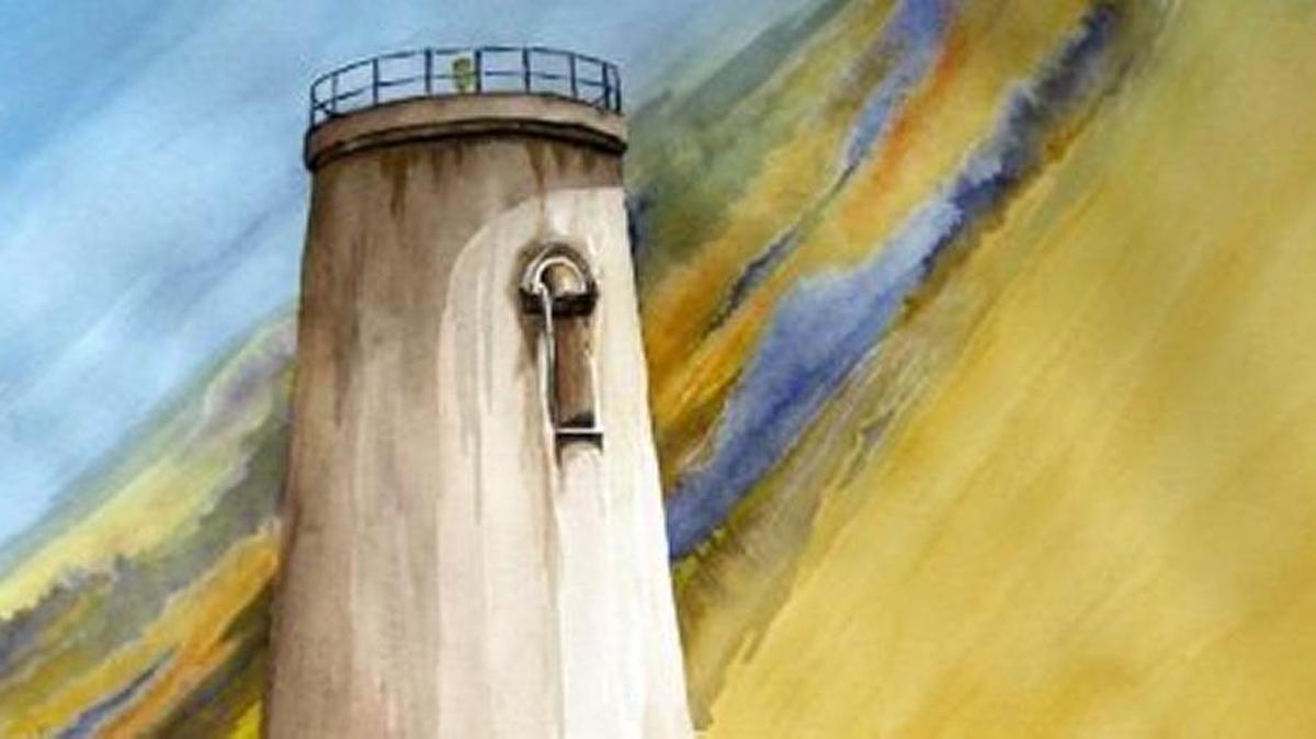 Ruthanne Anderson’s watercolors, such as this one depicting a lighthouse, are on display at the Cambria Library.