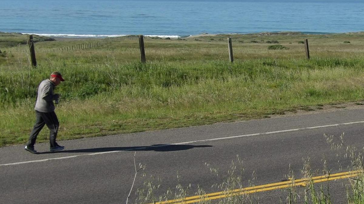 Steve Kniffen is about halfway from Cambria to Ragged Point on Friday, April 1, as he rehearses for his 100-mile trek to Big Sur on April 21-24.
