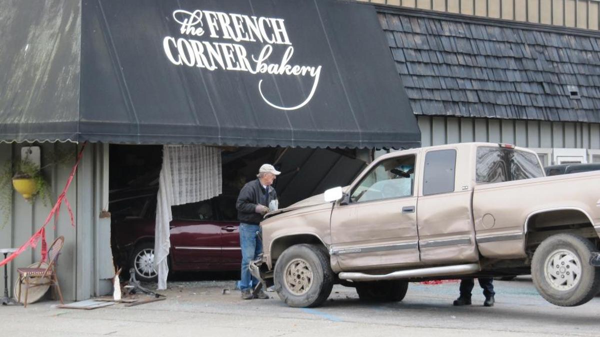 A truck that crashed into Cambria’s French Corner Bakery on Feb. 25 is pulled out.