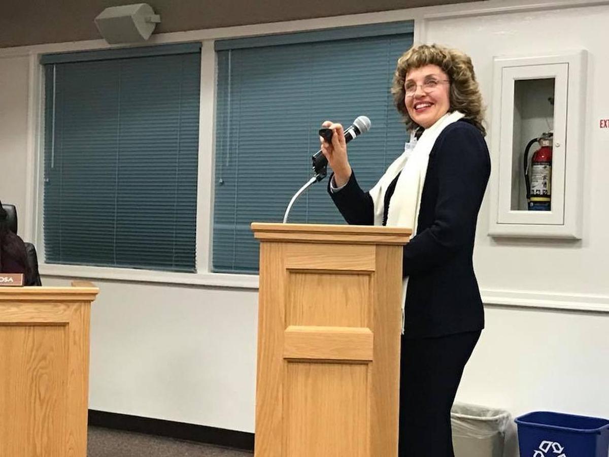 Vicki Schumacher, superintendent of Coast Unified School District, gives a presentation on the district’s finances and proposed budget cuts Jan. 11.