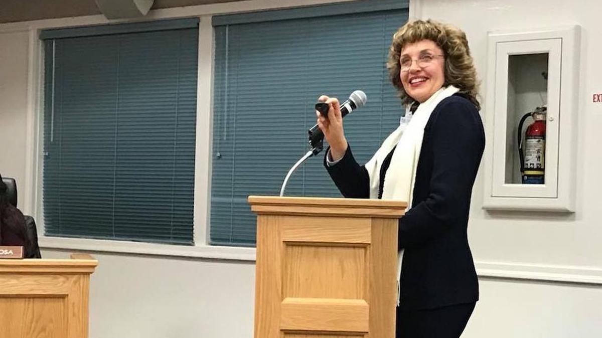 Vicki Schumacher, superintendent of Coast Unified School District, gives a presentation on the district’s finances and proposed budget cuts Jan. 11.