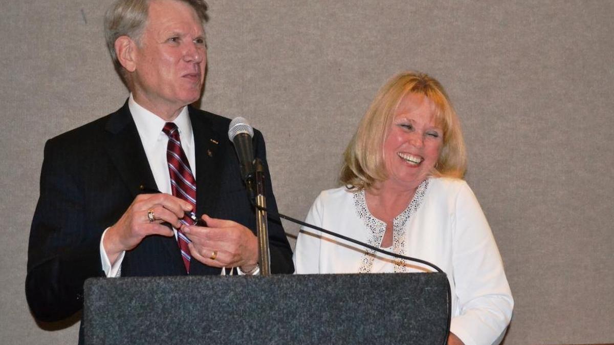Greg and Teri Sanders share a laugh at the podium while being honored as Cambria’s Citizens of the Year for 2015 on Jan. 12, 2016. The couple are moving to Indian Wells on Oct. 31.