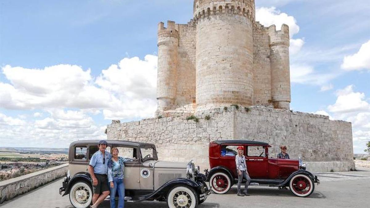 Jay and Pat Burbank, in front of the Model A in the left foreground, stopped at Penafiel Castle in Valladolid, Provence, Spain on May 14. Construction began at the site in 1307, and most of the structures date from the 15th century, according to castles.org. Beside the car at right are Pam Martens (in red hat) and Terry Padgett.