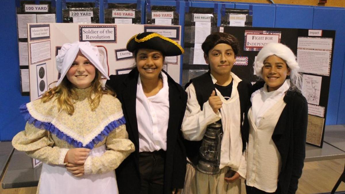 From left, Fiona Cloward as Laodicea “Dicey” Langston; Mira Panchal as Deborah Sampson; Paul Jimenez as Paul Revere; and Angelique Gutierrez as Thomas Jefferson portrayed figures from the early years of the nation’s history.