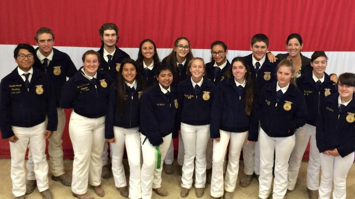 Coast Union FFA junior livestock participants at the 2017 California Mid-State Fair were, from left, back row: Joseph Crowe, Nik Robertson, Ayona Stonehill, Bella Raethke, Emma Sison, Noah Calvin, adviser Darcy Dobrec; front row: Brandon Laredo, Melody Robertson, Angelique Gutierrez, Angelina Perez, Alyssa Drew, Zoe Markham, Ani Corbet, Paige Spiller and Annika Wharton.