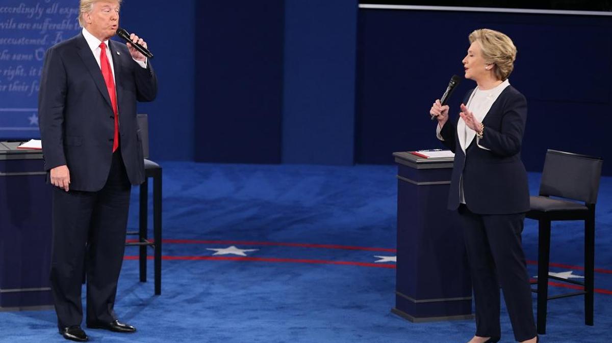 Donald Trump and and Hillary Clinton on stage during the second debate between the Republican and Democratic presidential candidates Oct. 9.