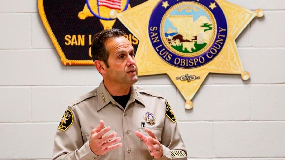 Sheriff Ian Parkinson, seen here at a news conference in April, told a Cambria audience a sheriff’s substation is in his long-term plans.