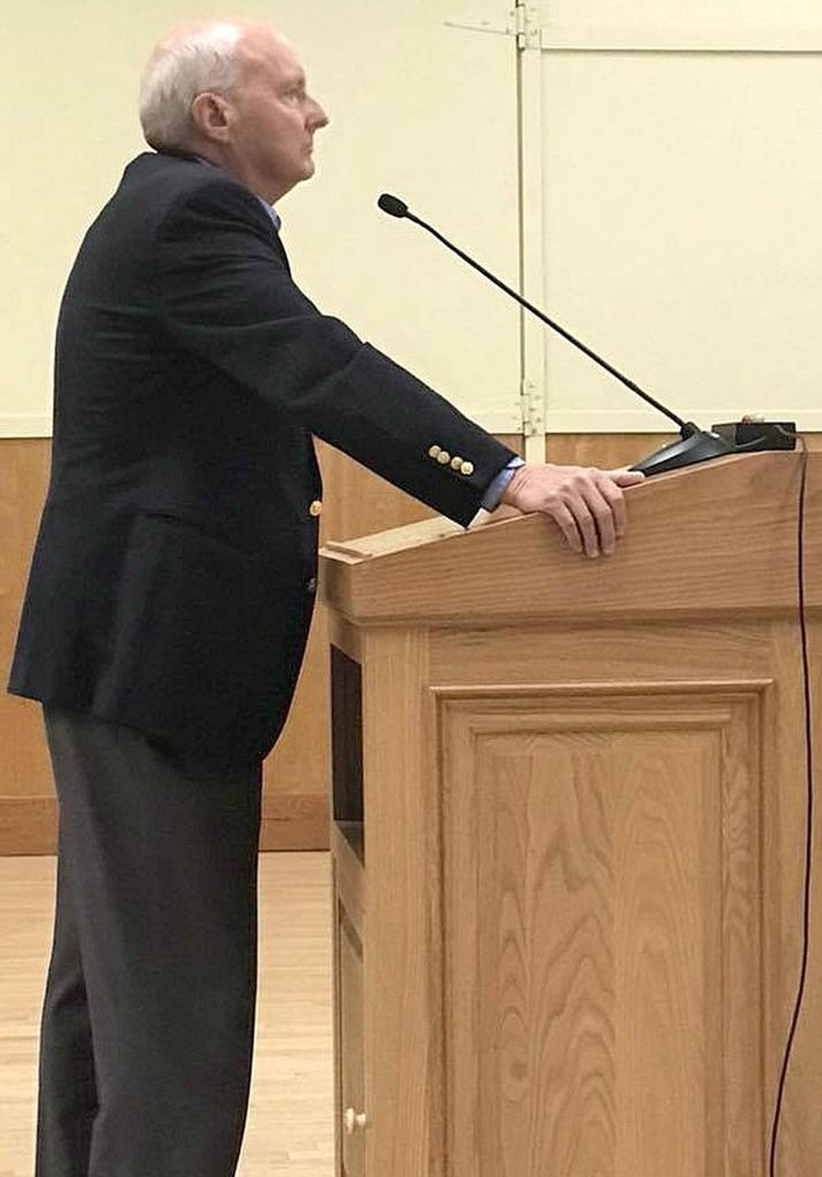 Applicant Tom Gray addresses the CCSD board Monday.