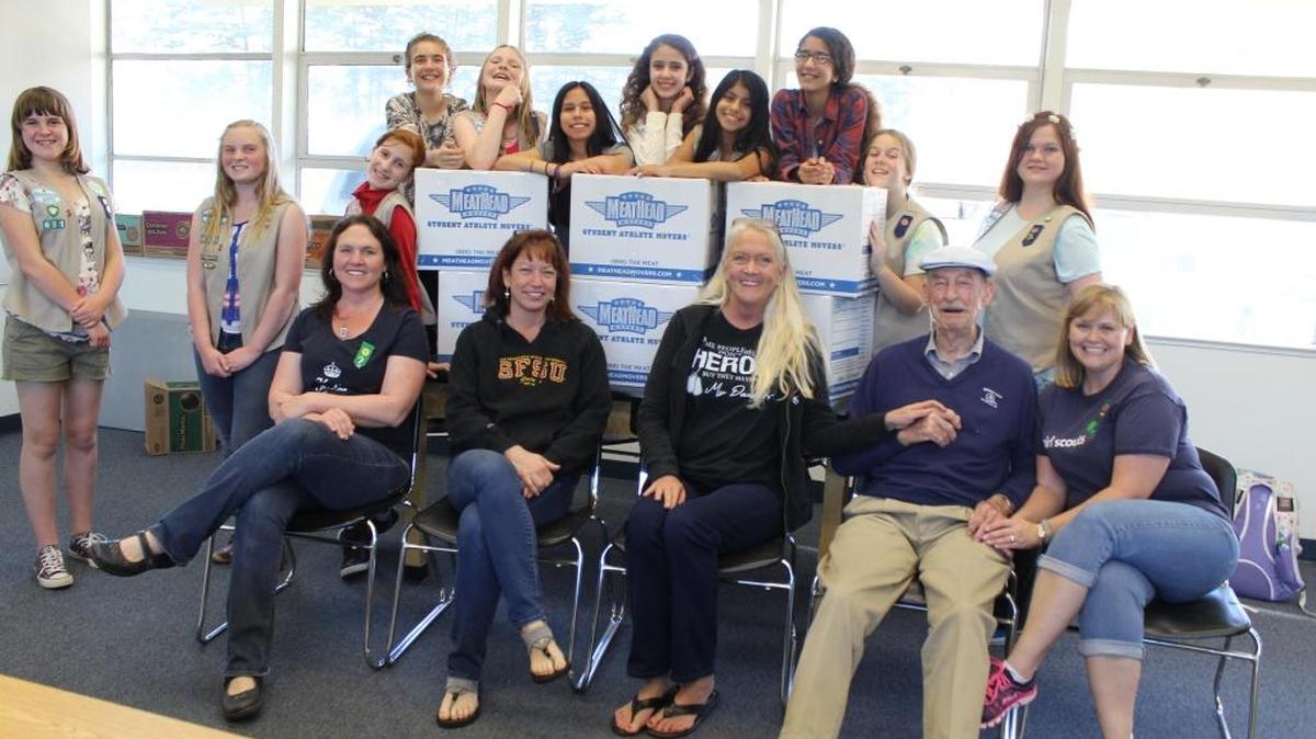 Those who helped assemble packages for troops overseas Monday, Feb. 29, at the Old Cambria Grammar School are, left to right (back row) Alexis Solar, Isabella Edwards, Rory Cloward, Cheyenne Johnson-Smalz, Sequoia Friedman, Xiomarra Villaluazo, Jannah Al-Defaaei, Laura Casson, Tori Ehlers and (front row) Rowan Bartlett, Fiona Cloward, Robin Cloward, Tandra McGhie, Susan Padgette, John Angel and Jennifer Ehlers.