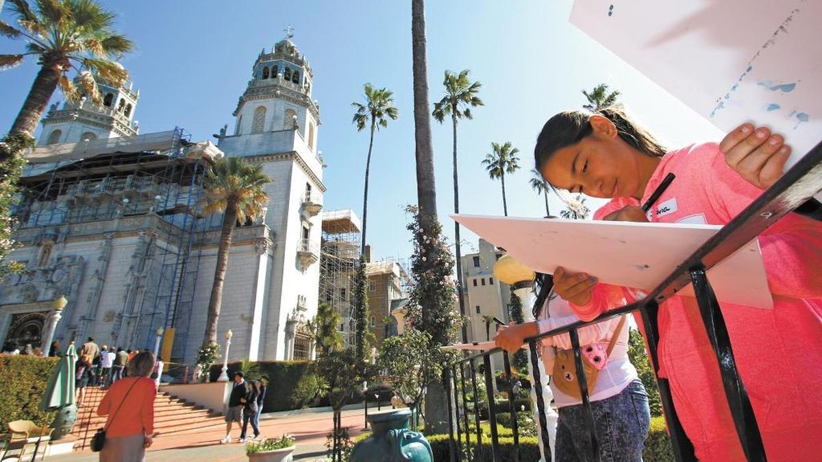 Jiana Jaeger, 12, works on a drawing of the Egyptian statue Sekhmet during a plein air painting exercise with Pleasant Valley School students April 2 at Hearst Castle. The three main guided tours at the Castle are getting longer, which will allow visitors to spend more time in the interior.