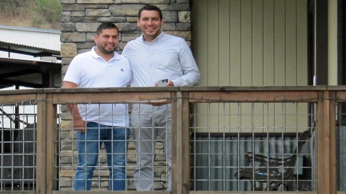 From left, cousins and business partners Fidel Figueroa and Miguel Sandoval in front of their new Cambria Mimosas Steak & Seafood restaurant, which replaces the Route 1 California Grill in West Village.