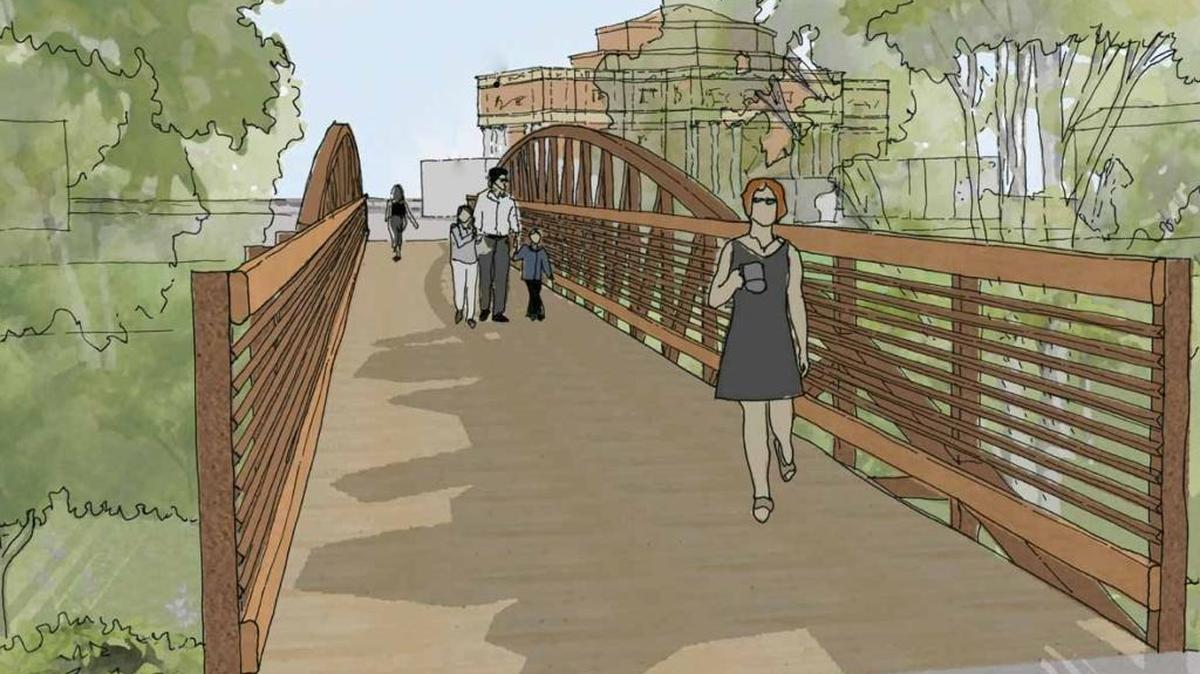 A rendering of the proposed pedestrian bridge over Atascadero Street looks toward Sunken Gardens and the City Administration Building in downtown Atascadero.