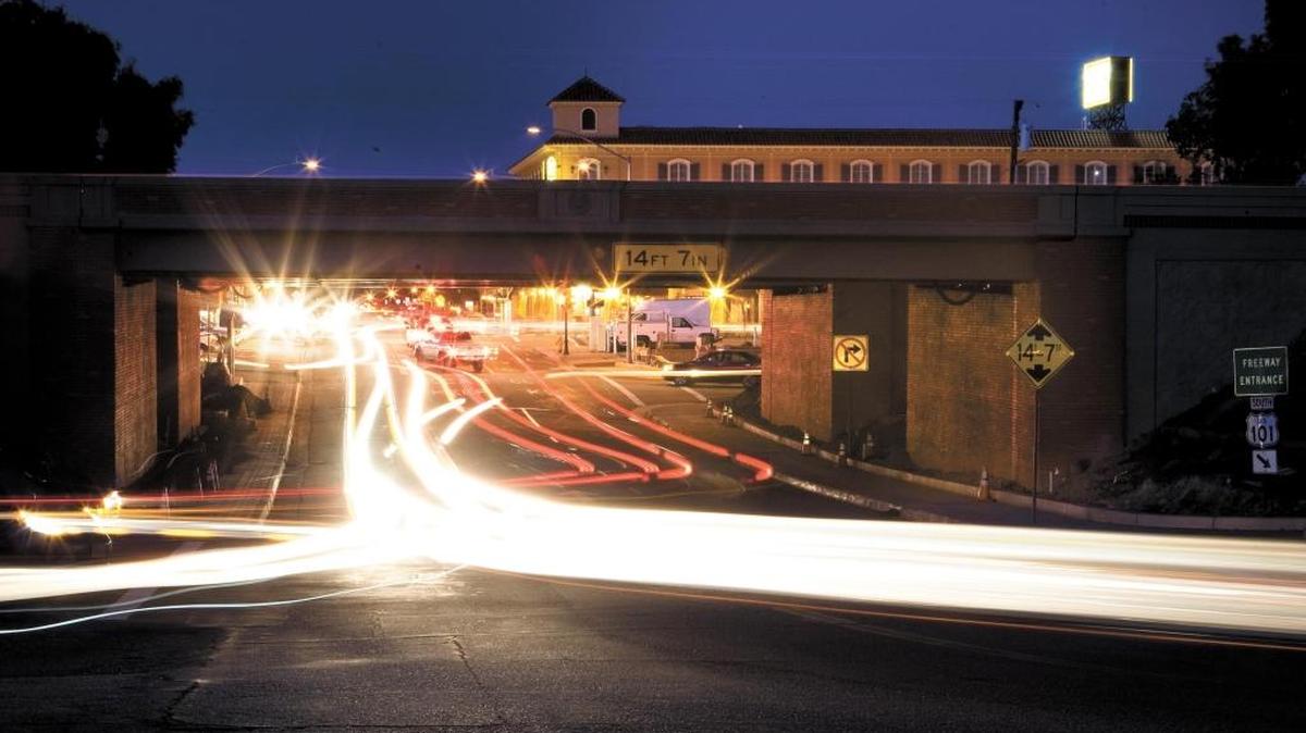 Traffic streams under Highway 101 at Traffic Way in Atascadero.