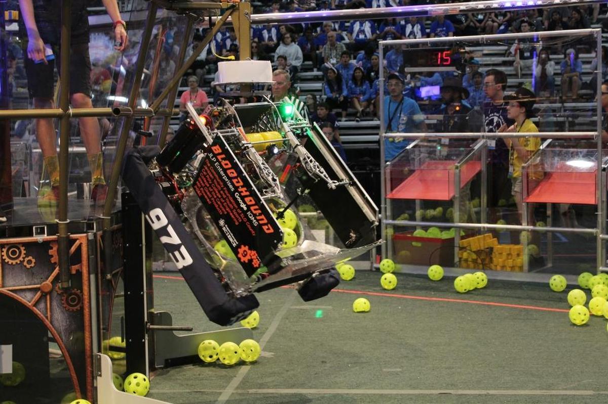 The Greybots’s Bloodhound robot competes at the FIRST World Championship in Houston in April.