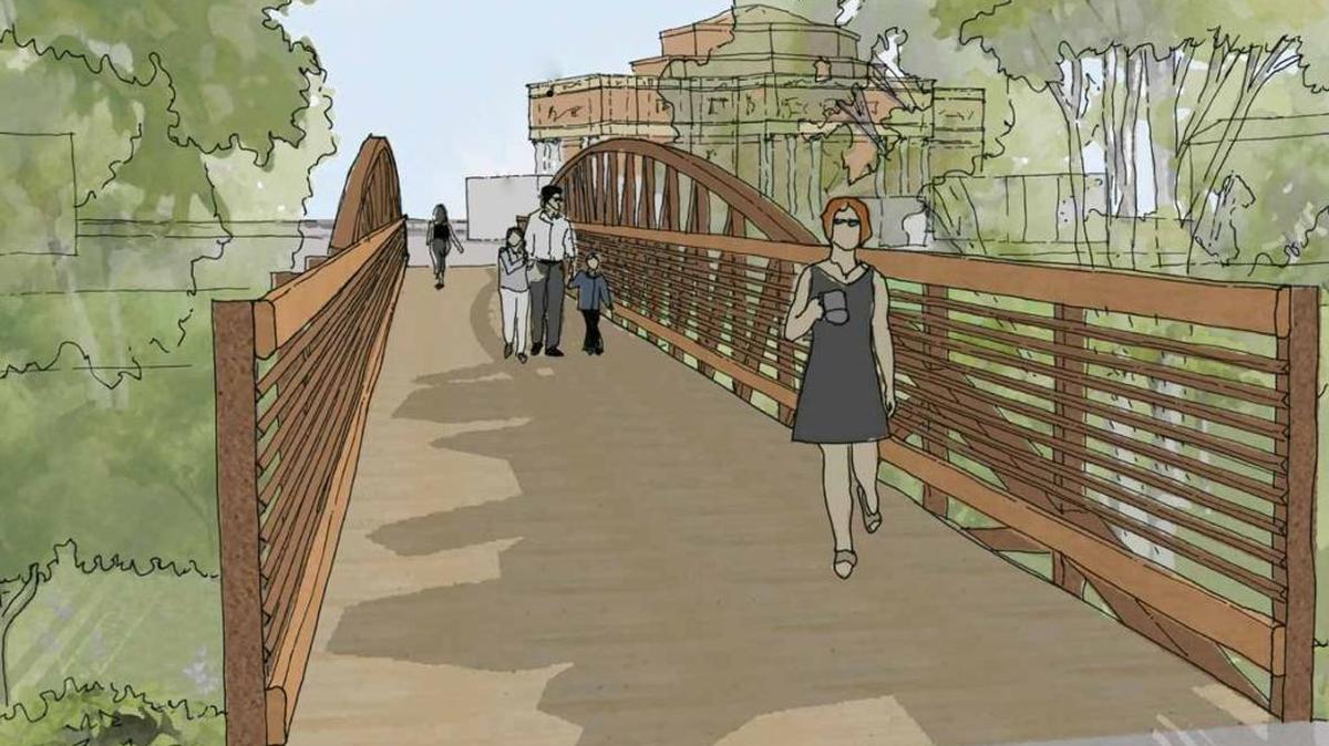 A rendering of the proposed pedestrian bridge over Atascadero Streek looks toward Sunken Gardens and the City Administration Building. Atascadero could use money from the Diablo Canyon settlement to help fund the bridge.