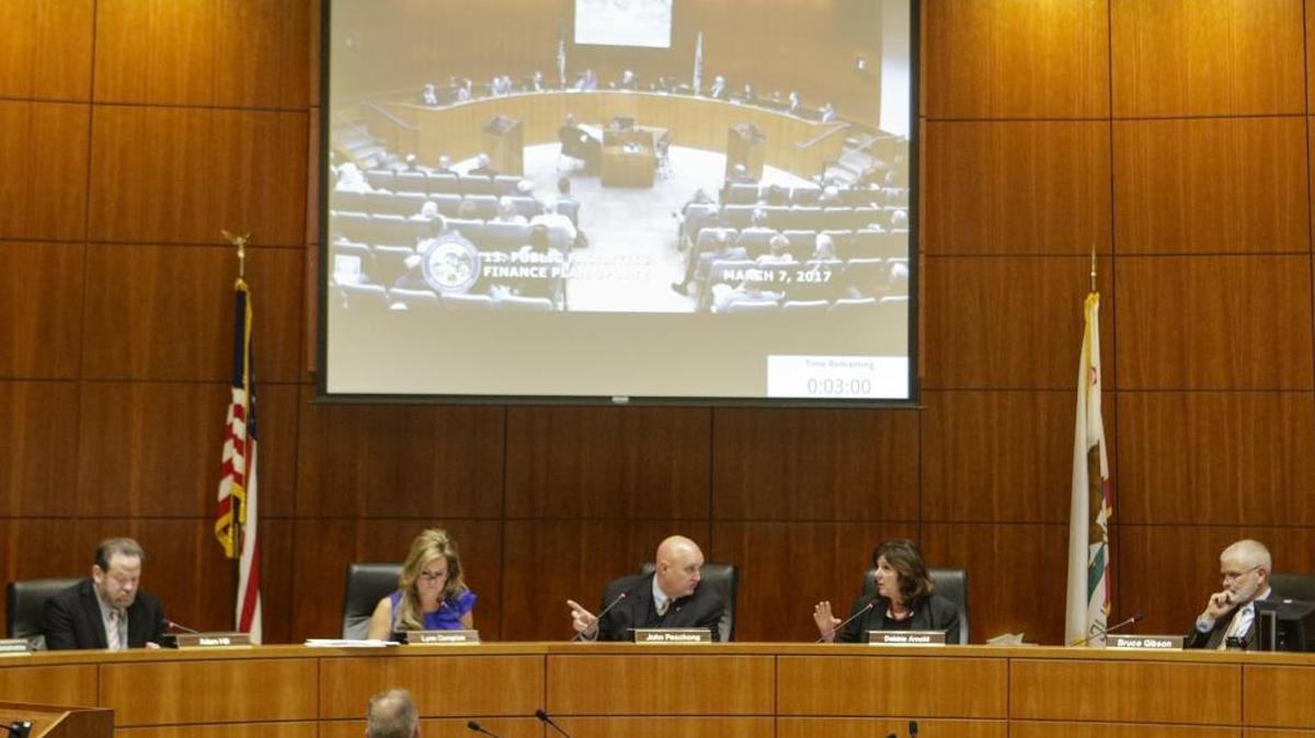 From left, San Luis Obispo County Supervisors Adam Hill, Lynn Compton, John Peschong, Debbie Arnold, Bruce Gibson.