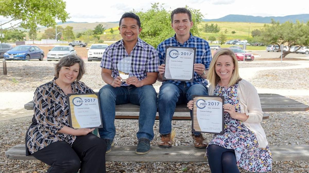 Cuesta College’s Marketing and Communications Department recently won three awards from the Community College Public Relations Organization. From left are staff members Lana Rauch, Ritchie Bermudez, Anthony Herrera and Lauren Milbourne.