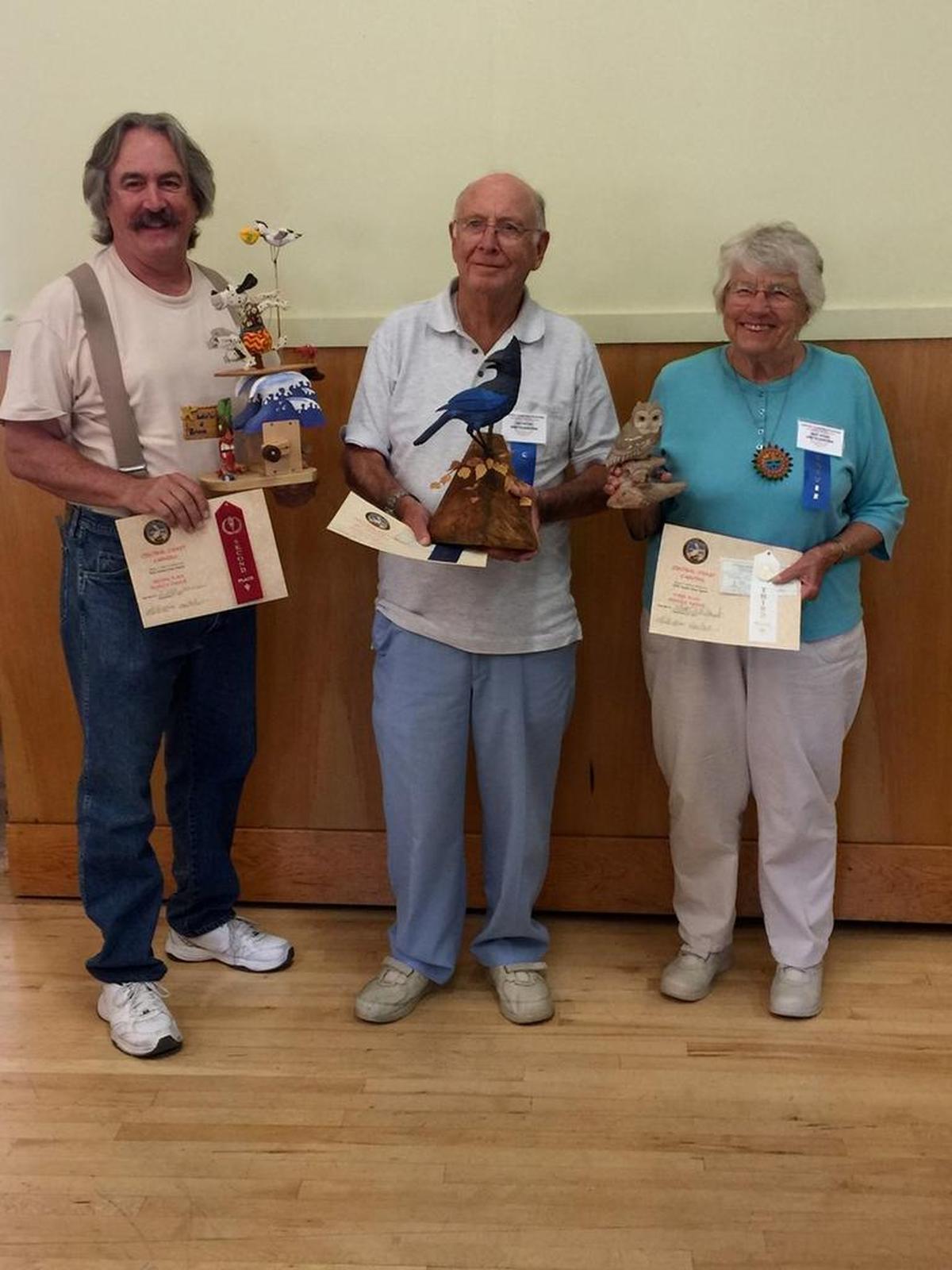 The Central Coast Woodcarvers recently held its 40th Wood Carving Show in Cambria. More than 500 visitors voted for their favorite “People’s Choice” project. The first-place winner was Pat Rygh from Los Osos with his beautifully carved and painted “Stellar Jay,” center. In second place was Matt Pomerico from Paso Robles with a moving scene titled “Life’s a Beach,” left. In third place was Dot Rygh, also from Los Osos, with a carved, burned and painted screech owl.
