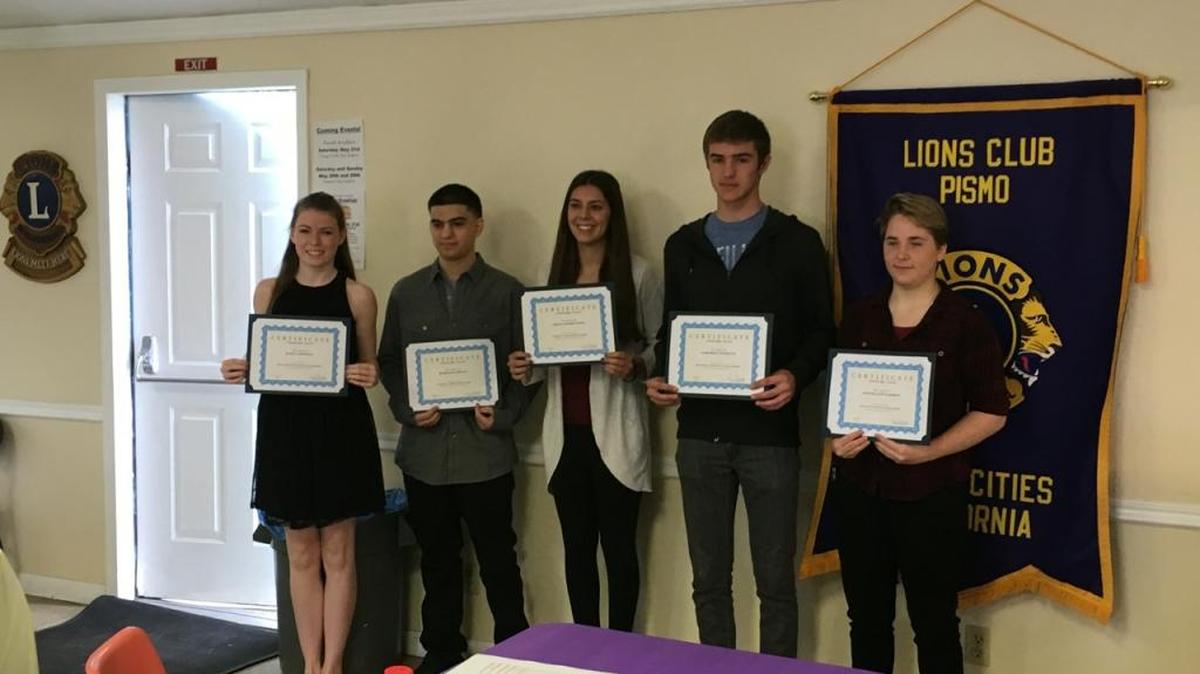 From left, Jane Campbell, Kirk Mistretta, Siena Fiorentino, Cameron Storton and Stephanie Dahmen each received a $500 scholarship from the Pismo Beach Cities Lions Club.