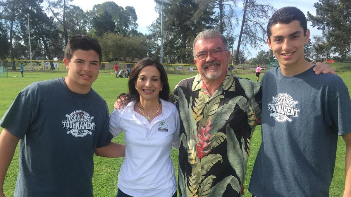 From left, Brayden Groshart, Bridget Ready, Paul Ready and Bryce Hilton celebrate the recent Jack’s Helping Hand fund-raising efforts by the Bryce and Brayden Wiffle Ball Tournament.