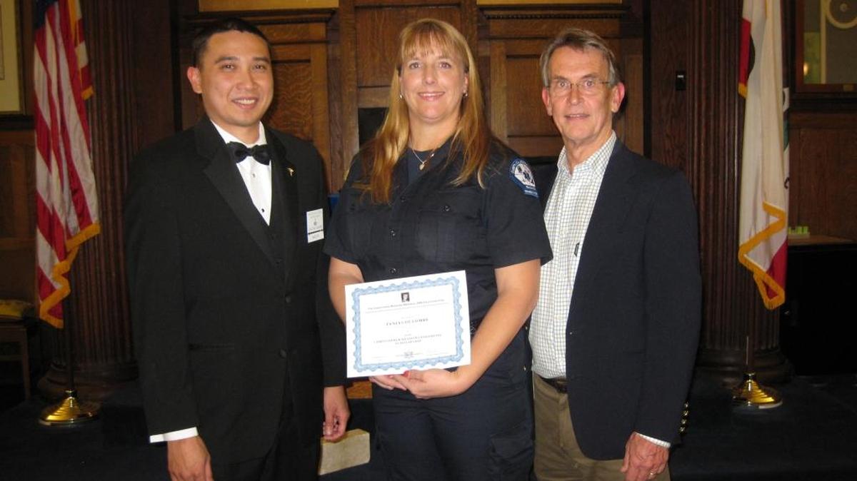 Tania Coulombe, center, received the Christopher Meadows Memorial Paramedic Scholarship at a recent reception dinner hosted by King David’s Lodge. Master Mason Christian Marano, left, and Christopher Meadows’ father Tim Meadows, right, are pictured at the presentation. The Masons provided half of the scholarship money.
