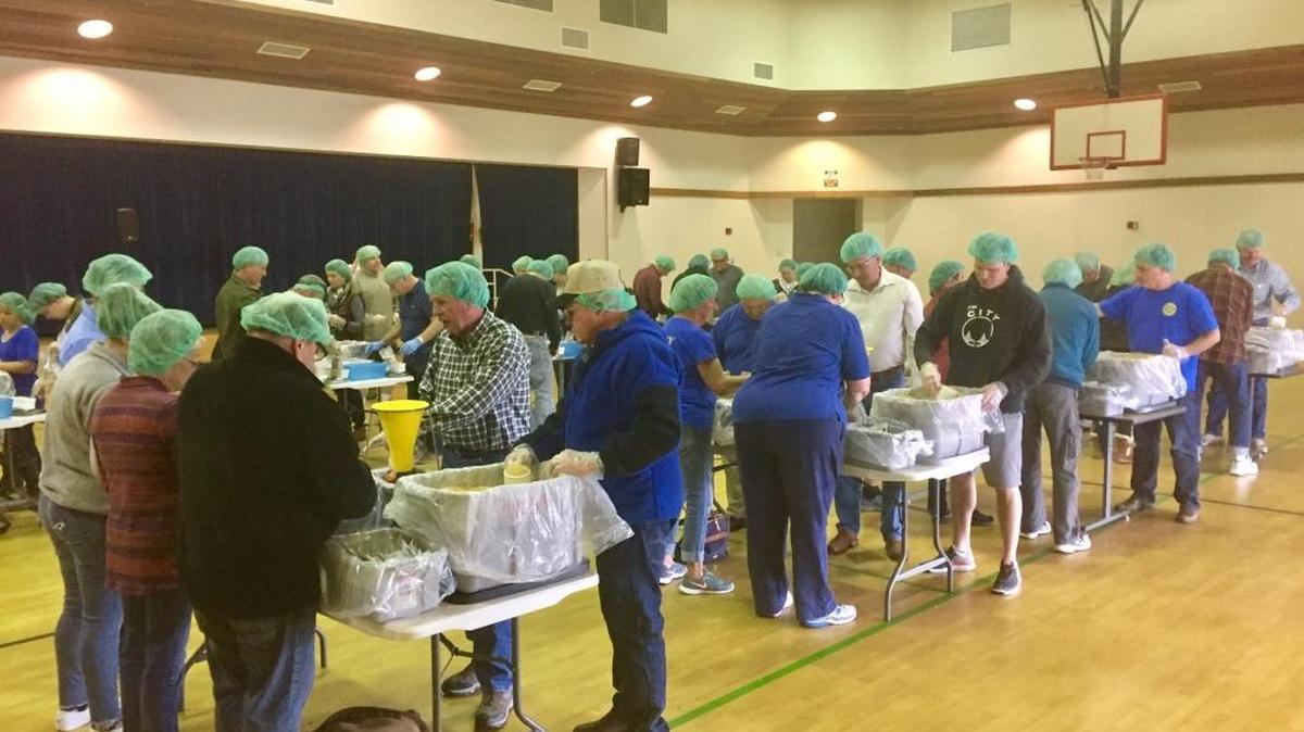The three San Luis Obispo Rotary clubs recently hosted a Rise Against Hunger event, where volunteers packaged ready-to-cook meals for families in need in Southeast Asia.