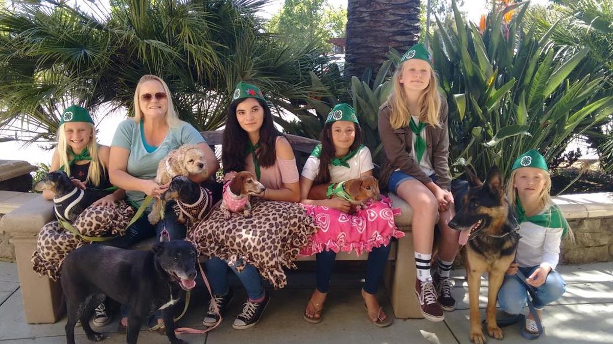 The Los Osos 4-H Club recently made dog beds for Foxy Doxy dog rescue. From left are Ava Amesse, Stacey of Foxy Doxy, Kate Avila, Mia Theros, Lyla Merk and McKenzie Stilts.