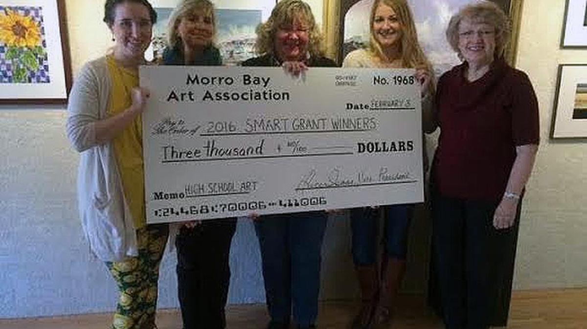 Three high school art teachers have received Smart Grants from the Morro Bay Art Association. From Morro Bay, Atascadero and Templeton high schools respectively are Katrina Osborne, left, Tess Harback, (with fellow art teacher Julie Steyer) and Amber Wickersham. At right is association Vice President Alice Isaac.