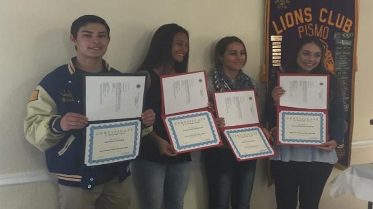 From left, Brendan Foster, Alaiza-Mae Tiongson, Krista Knudsen — all from Arroyo Grande High School — and Lopez High School student Livia Morales-Caspar received scholarships from the Pismo Beach Cities Lions. Tyler Caneto from Arroyo Grande High School is not pictured.
