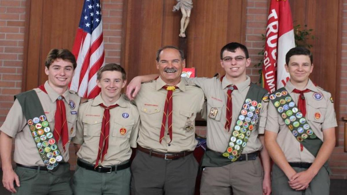 Danny Svitek, Chris Smith, Charlie Reilly and Andrew Church of Troop 6 of San Luis Obispo each achieved the rank of Eagle Scout this summer. Their Scout Master is in the center.
